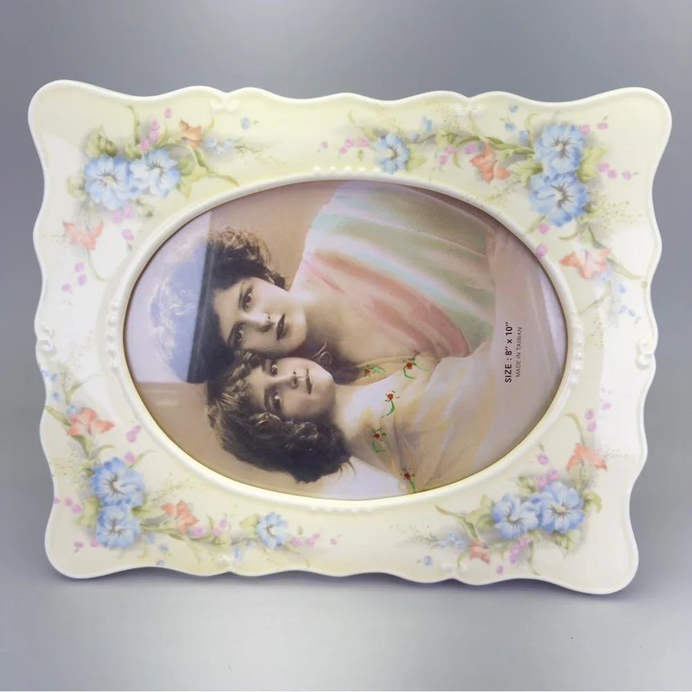 Vintage Cream and Blue Picture Frame with Floral Accents